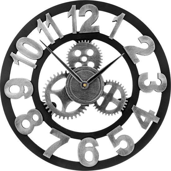 Wandklok industrieel – Grote XL Wandklok 45 cm – Retro - Tandwielen - Cijfers - Zilver