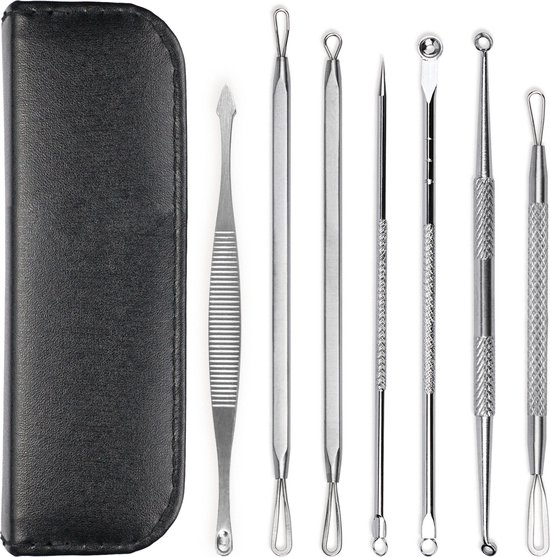 Mee eters verwijderen - Blackhead remover - Acne verwijderen set - Skincare - Gezichtsverzorging - Beauty - 7x dubbelzijdige rvs Comedonenlepel - In Luxe Etui