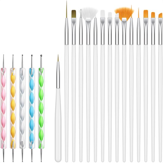 Evvie 20 delige nail art set - 15 nailart penselen en 5 dotting tools - Wit