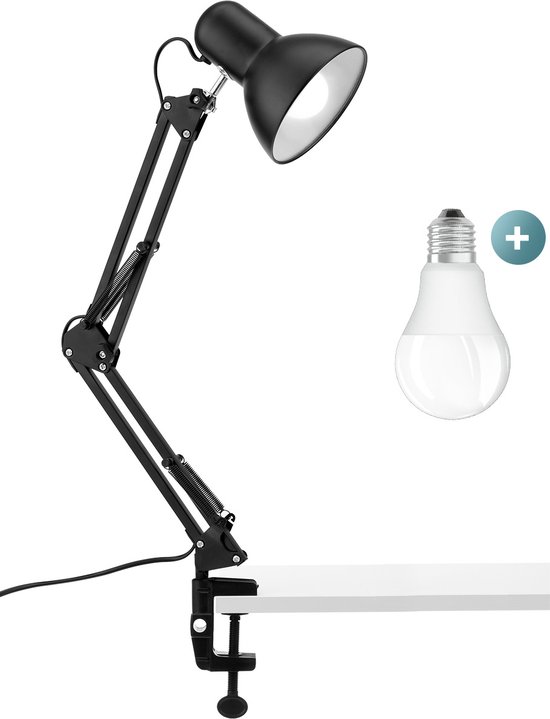 Bureaulamp Leeslamp Tafellamp met schroefklem + 5 watt LED lamp - E27 fitting - zwart