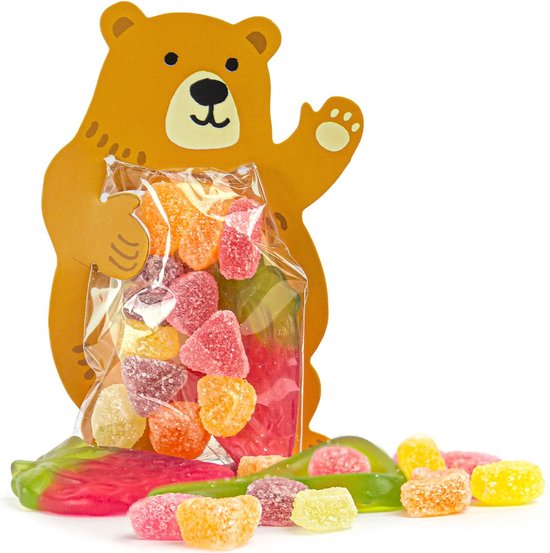 Uitdeelzakjes beer – Snoepzakjes – cellofaan zakjes met beer van karton – 10 stuks – 11cm x 6cm