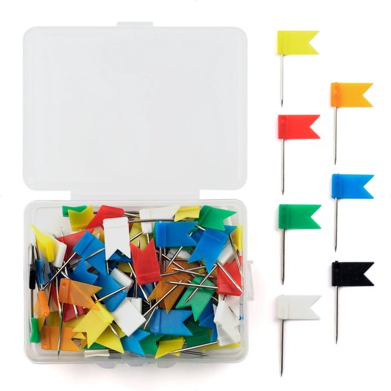 Punaises voor prikbord memobord of wereldkaart - set van 100 pushpins - vlaggetjes in 7 kleuren