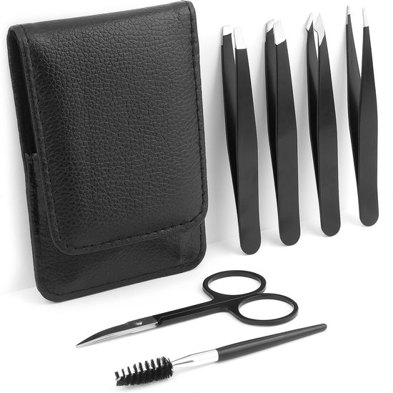 Pincet wenkbrauw trimmer set - 6-delig - met 4 epileer pincetten, 1 wenkbrauw borstel en 1 wenkbrauw schaartje - in leren hoesje – zwart