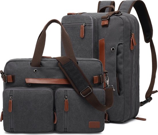 Laptoptas 2 in 1 Laptop Rugtas Schoudertas voor 17.3 inch laptop – canvas grijs
