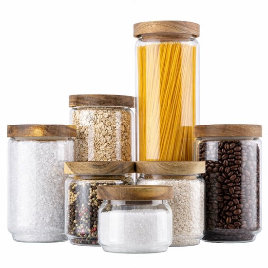 Voorraadpotten Glas met Deksel van Acacia - Set 7 stuks