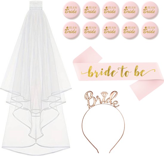 “Bride to Be” Vrijgezellenfeest Vrouw Pakket – Bachelorette Party – "Bride" Diadeem of Tiara - Sluier – Sjerp - "Team Bride Buttons" – roze goud