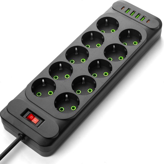 Stekkerdoos met schakelaar en 10x geaarde stopcontact 4x USB-A en 2x USB C - Verlengsnoer 2 meter - Zwart