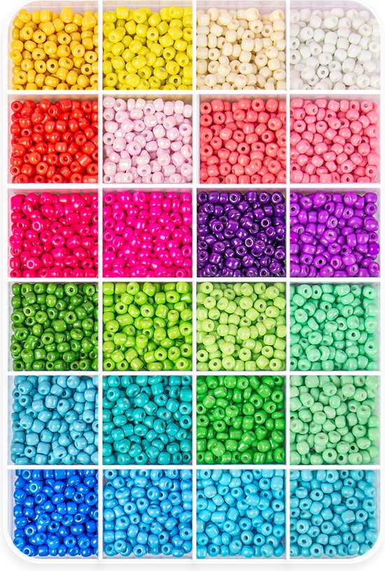 Kralen Set Glaskralen 4 mm voor sieraden maken, ketting, telefoonkoord en armbandjes maken meisjes - 24 kleuren - 3600 Rocailles in opbergbox