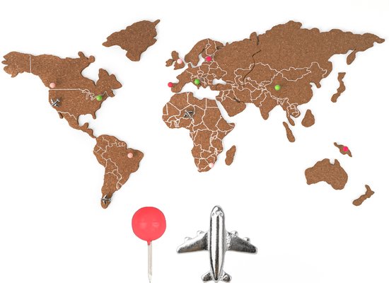Wereldkaart Prikbord van Kurk met 30 Metalen Vliegtuig Punaises - Unieke Wanddecoratie en Kaartprikkers