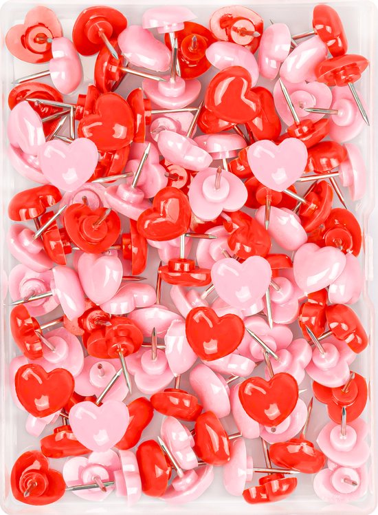 Punaises 'Hartje' voor prikbord of memobord - 100 pushpins in opbergdoos - rood en roze
