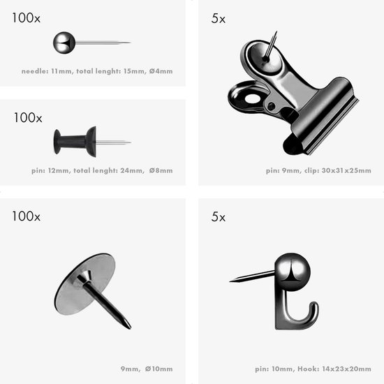Punaises voor Prikbord of Memobord – Set van 310 Stuks in 5 Soorten – Zwart